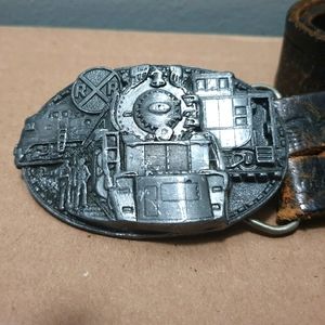 Vintage C+J 614 railroad train belt buckle 1986 made in USA w/ leather belt